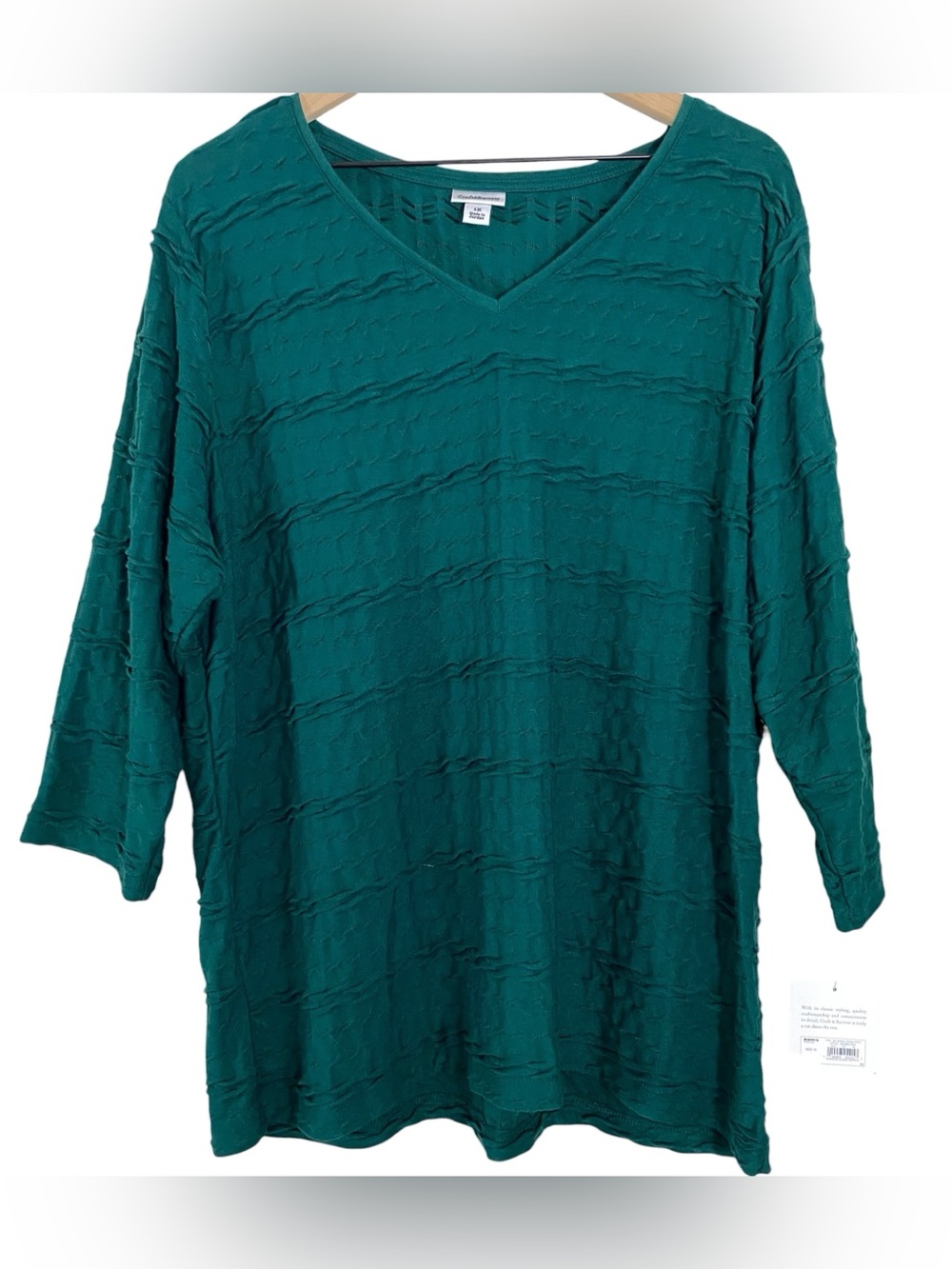 Croft & Barrow Womens Top Size 1X Green V Neck 3/4 Sleeve Textured Casual